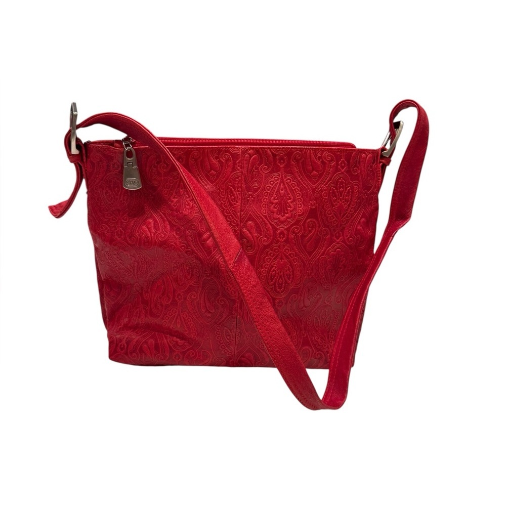 Genuine Leather Red Embossed Paisley Style Shoulder Bag with Adjustable Straps - Picture 4 of 15
